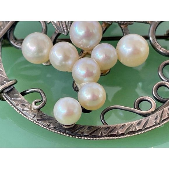 Art Deco Grape Cluster Cultured Pearl Sterling Brooch - Picture 4 of 9